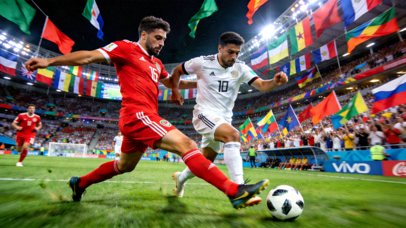 世界杯足球比赛现场激烈对抗的瞬间